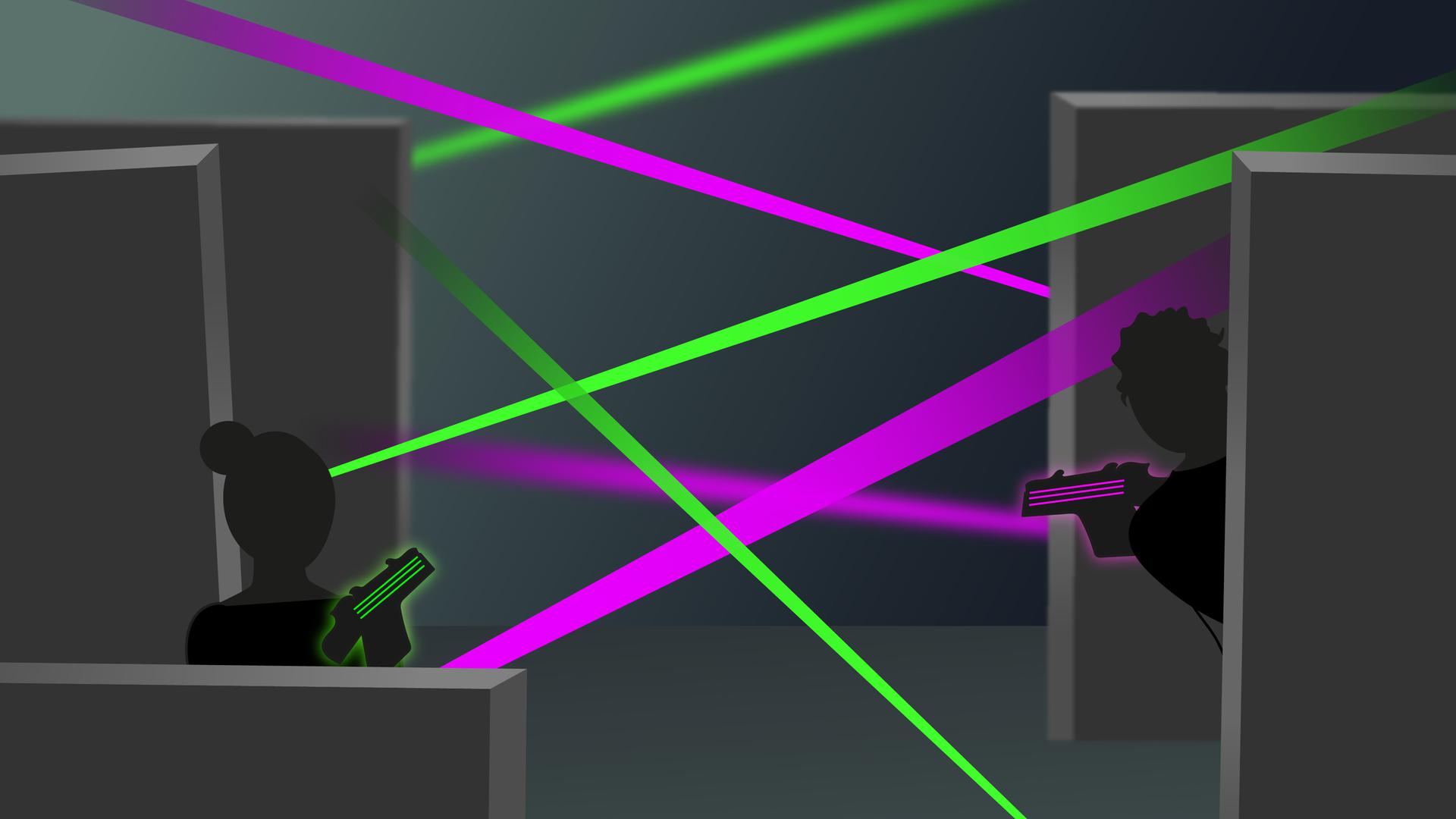 illustration, kille och tjej med lasergevär leker lasergame.